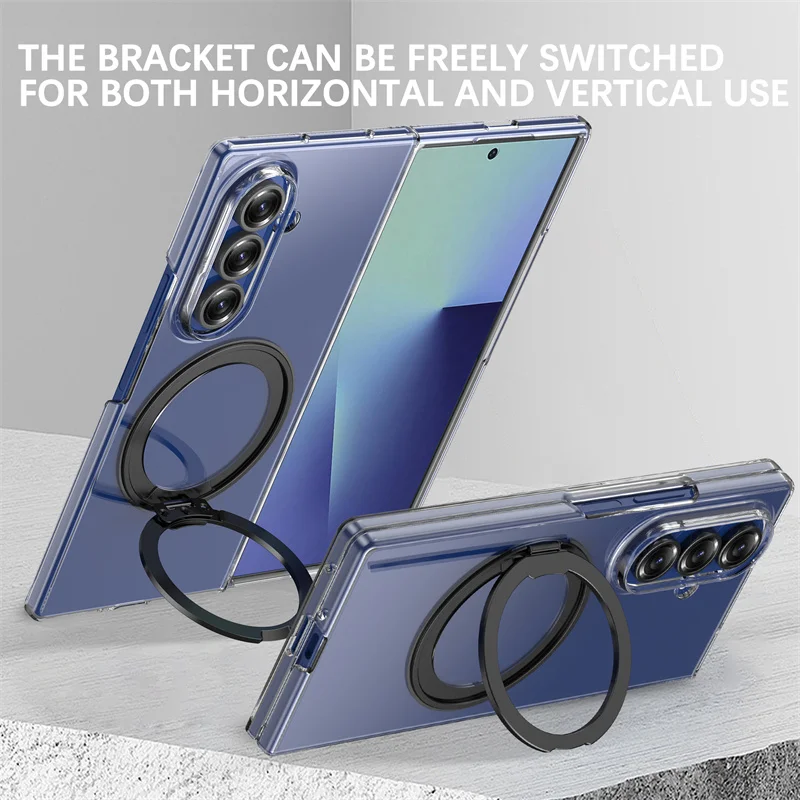 Color: Blue, Compatibility by Model: Galaxy Z Fold7 - 360?° Rotating Magnetic Holder Phone Case For Samsung Galaxy Z Fold 7 Magsafe Wireless Charging Transparent Hard Shockproof Cover