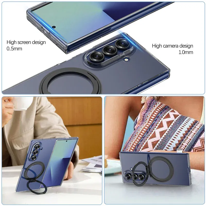 Color: Blue, Compatibility by Model: Galaxy Z Fold7 - 360?° Rotating Magnetic Holder Phone Case For Samsung Galaxy Z Fold 7 Magsafe Wireless Charging Transparent Hard Shockproof Cover