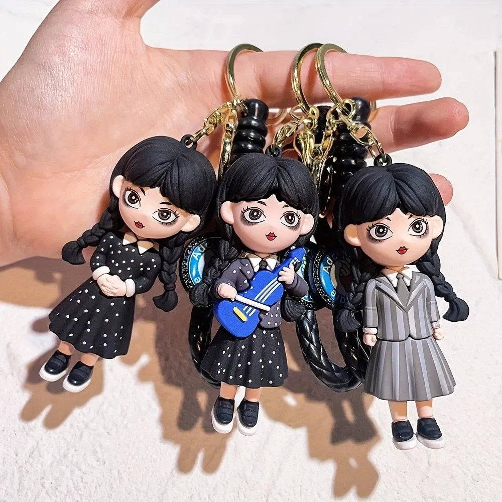 Color: Yellow, Ships From: CHINA - Cartoon Wednesday Addams Silicone Keychain Pendant Car Backpack Bag Keyring 3D Doll Unisex Women Men Gifts Key Chain