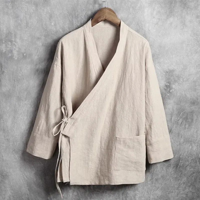 Color: black, Size: L - Plus Size M-6XL Pure Color Men's Tops 2024 New Cotton Linen Oblique Placket Long Sleeve Linen Hanfu chinese Clothing  Kimono