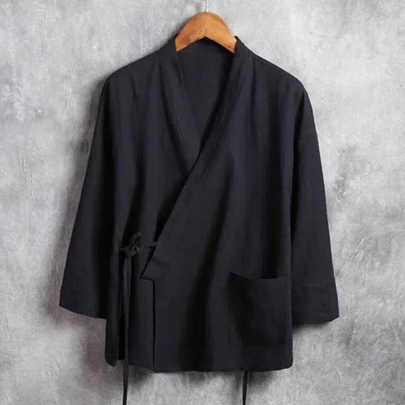 Color: black, Size: L - Plus Size M-6XL Pure Color Men's Tops 2024 New Cotton Linen Oblique Placket Long Sleeve Linen Hanfu chinese Clothing  Kimono