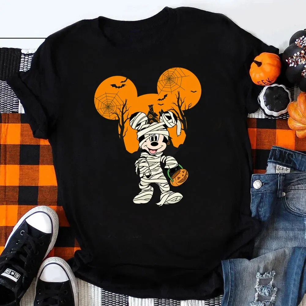 Color: army green, Kid Size: 3T - Funny Mickey Minnie Mummy Print Disney Children Cotton T Shirts Trick Treat Fashion Halloween Cute Kid Clothes Girls Streetwear