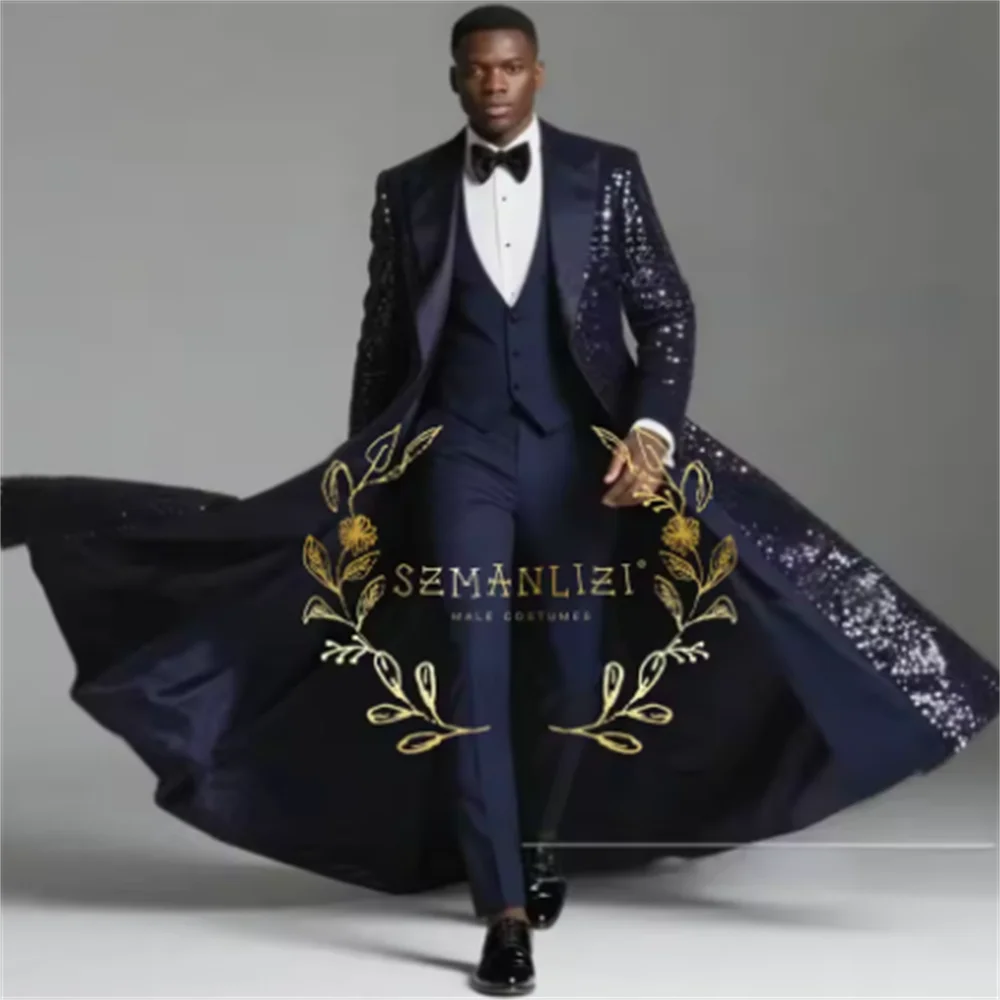 Color: Navy Blue, Size: XXL - Burgundy Shiny Sequin Suits Men 3 Pieces Sets Single Breasted Groom Long Blazer Costume Homme Wedding Tuxedo Male Clothing