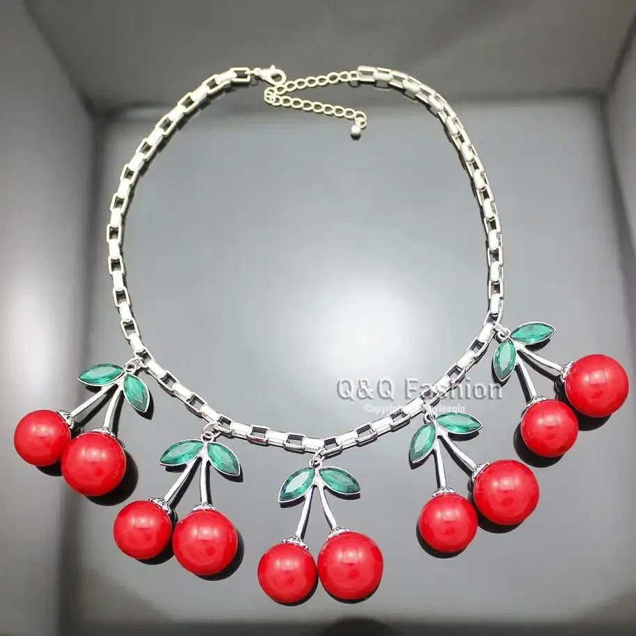 Metal Color: SILVER PLATED - Statement 10 Big Red Cherry Pendant Chain Crystal Choker Sweet Collar Bib Necklace Fashion Personality Party Jewelry Gifts