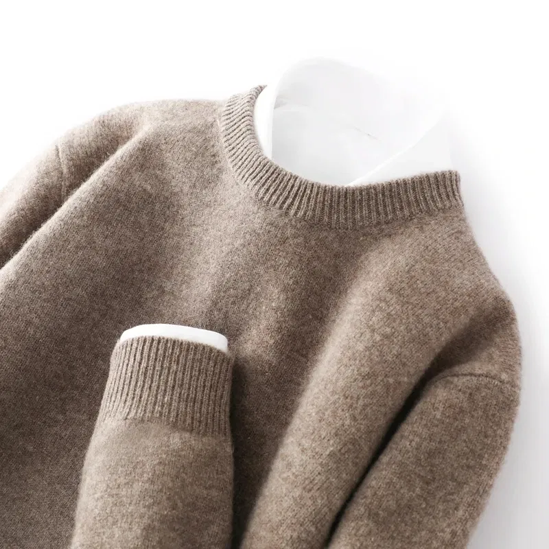 Color: Light Grey, Size: M, Ships From: CHINA - Men's 100% Pure Wool Cashmere Sweater O-Neck Pullover Knit Sweater Autumn and Winter New Long Sleeve High-End Jumpers Thick Tops
