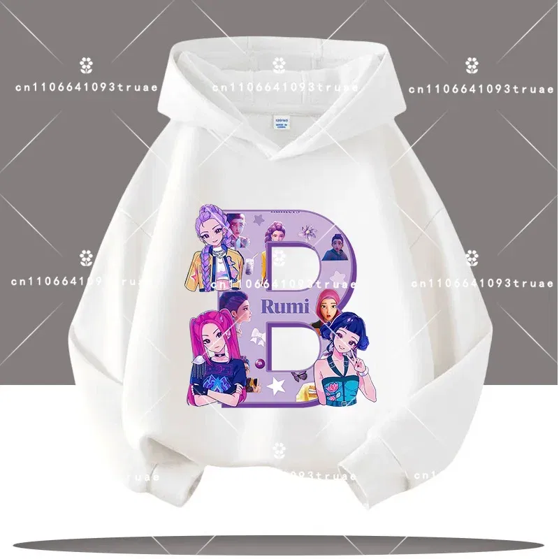 Color: GRAY, Kid Size: 9 - K-pop Demon Hunters Letter A-Z 3-12 Year Old Children Hooded Sweatshirt Girls' Casual Shirt Boys' Sports Shirt Cartoon Print