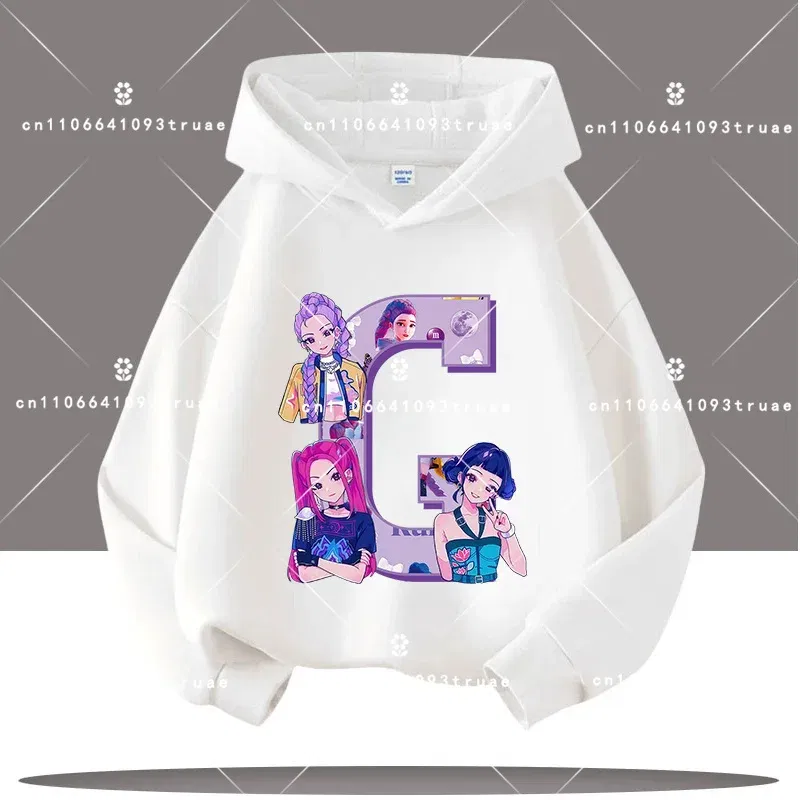 Color: GRAY, Kid Size: 9 - K-pop Demon Hunters Letter A-Z 3-12 Year Old Children Hooded Sweatshirt Girls' Casual Shirt Boys' Sports Shirt Cartoon Print