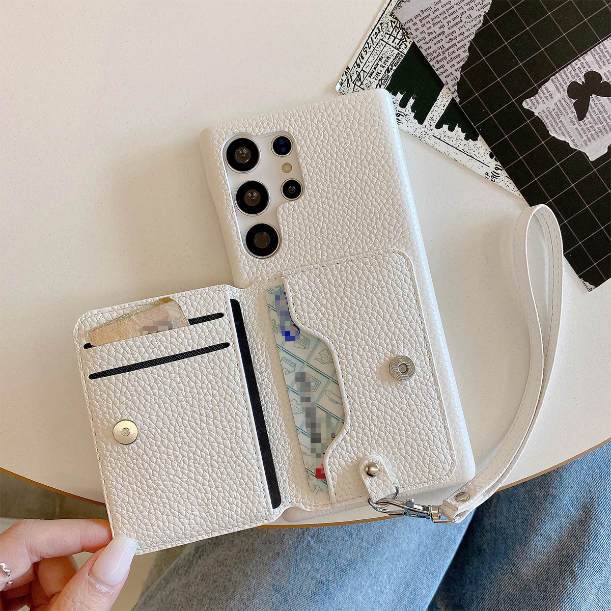 Color: GRAY, Material: Microfiber - Luxury Lanyard Wallet Case For Samsung Galaxy S21 FE S22 S23 Plus Note 20 Ultra A52 A53 A54 5G Lichee Pattern Leather Cover