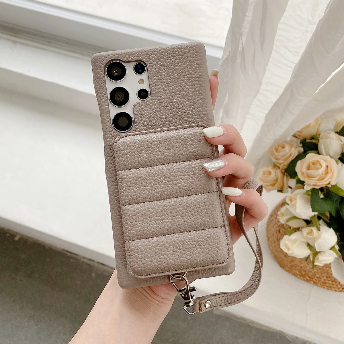 Color: GRAY, Material: Microfiber - Luxury Lanyard Wallet Case For Samsung Galaxy S21 FE S22 S23 Plus Note 20 Ultra A52 A53 A54 5G Lichee Pattern Leather Cover