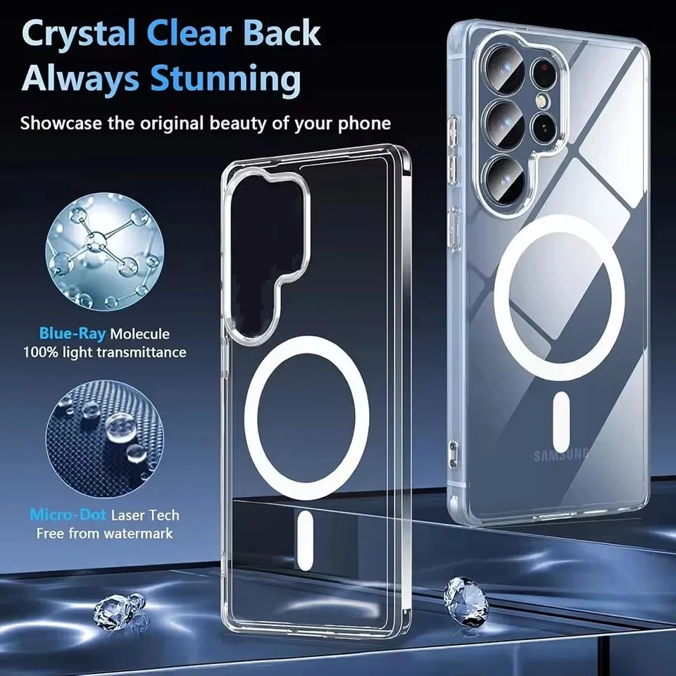 Color: Clear, Material: Aluminum - For Samsung Galaxy Note 10 PLUS 20 Ultra A05 A05S A06 A15 A16 A26 A35 A36 A54 For Magsafe Magnetic Wireless Charging Phone Case