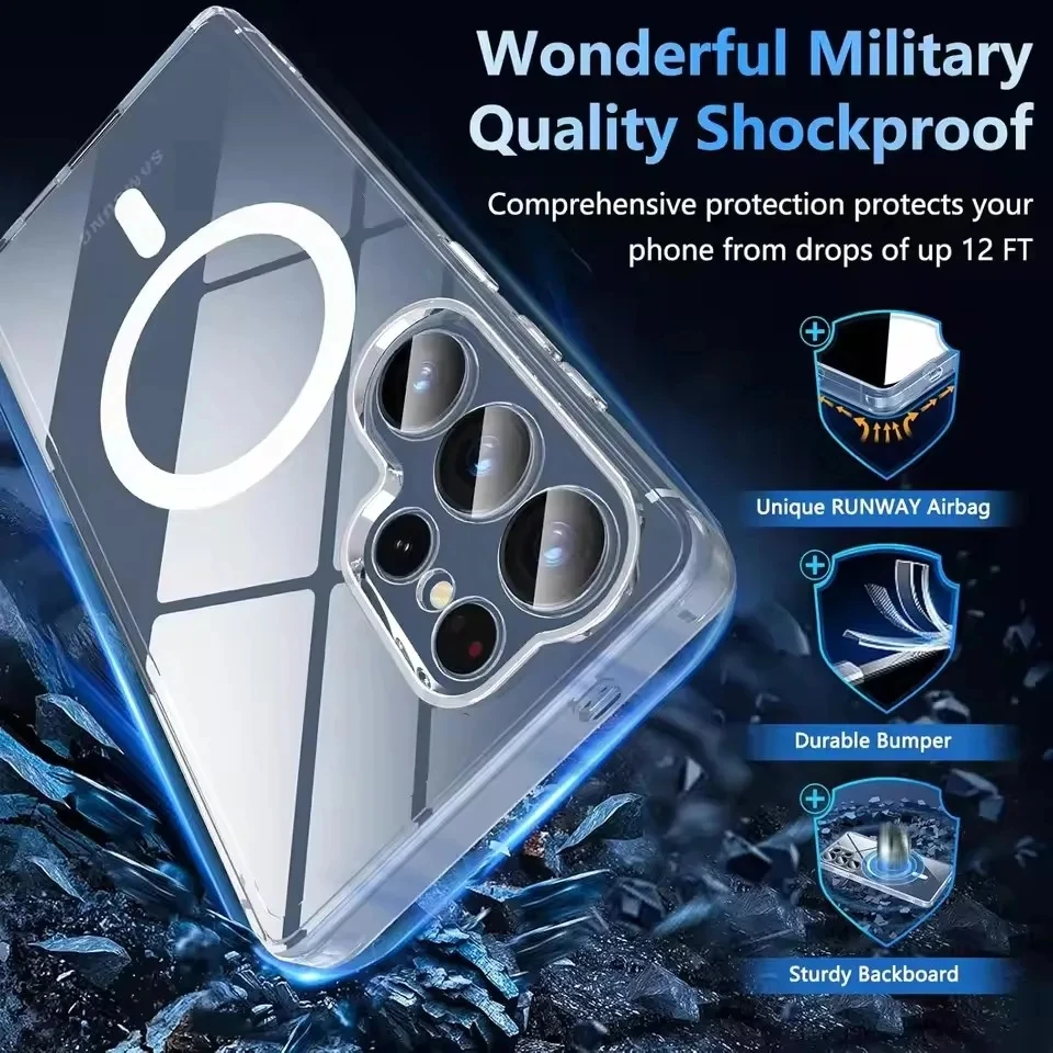 Color: Clear, Material: Aluminum - For Samsung Galaxy Note 10 PLUS 20 Ultra A05 A05S A06 A15 A16 A26 A35 A36 A54 For Magsafe Magnetic Wireless Charging Phone Case