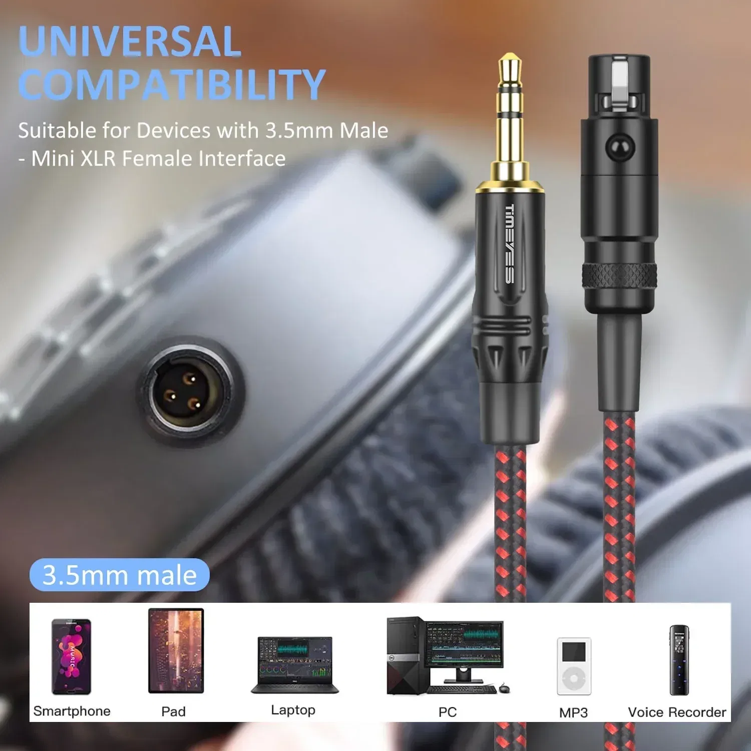 Color: Black, Length: 50m - TIMEYES 3.5mm To Mini XLR Female Stereo Audio Cable 1/8 Inch TRS To 3-pin Mini XLR Female Headphones Audio Cable