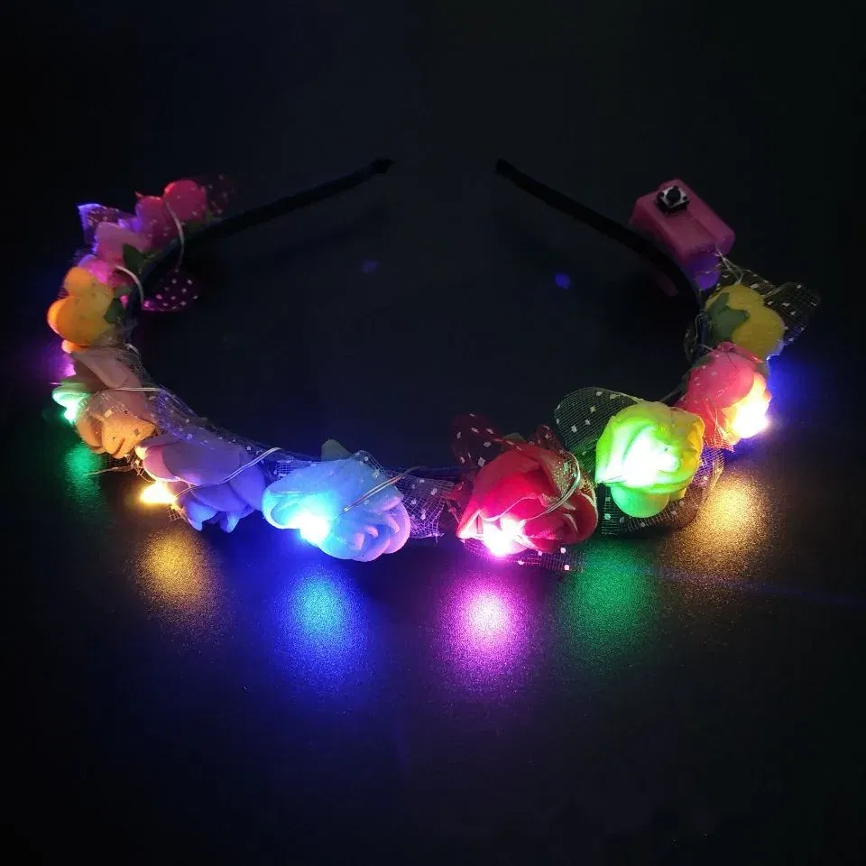 Color: Pink - Luminous Rose Flower Headband LED Light up Wreath for Women Girl Bridal Wedding Party Hairband Christmas Valentine's Day Gifts