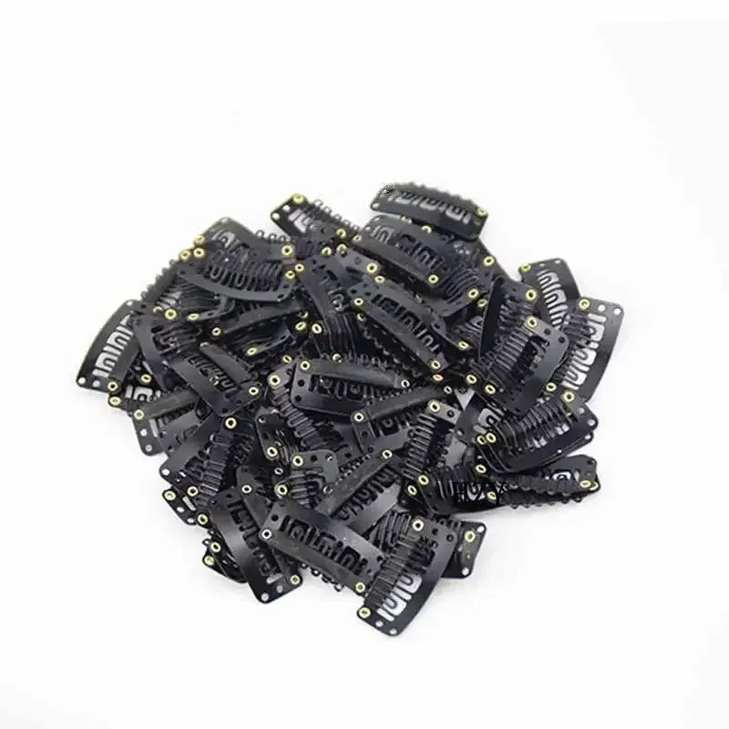Color: Black - 10pcs/lot 9-teeth Hair Extension Clips Wig Clips Combs Snap Clips with Rubber for Hair Extension Toupee DIY Styling Tool 28/32mm