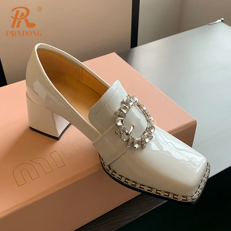 Color: Beige, Shoe Size: 36, Ships From: CHINA - PRXDONG New Arrivals Genuine Leather Spring Summer Women Pumps Square Med Heel Crystal Black White Dress Party Office Lady Shoes