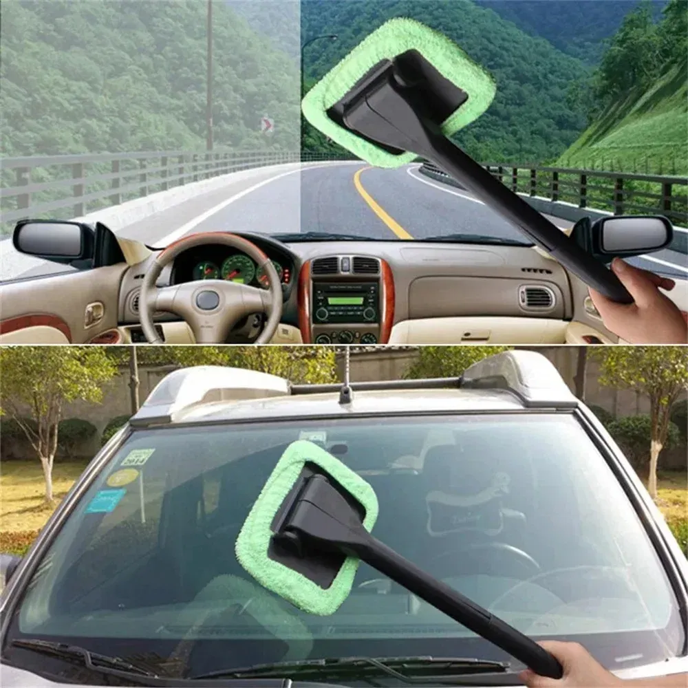 Color: black - Car Windshield Cleaning Brush Kit Car Window Wiper Home Glass Defogging Dust Towel With Long Handle Cleaner Brush Washing Tool