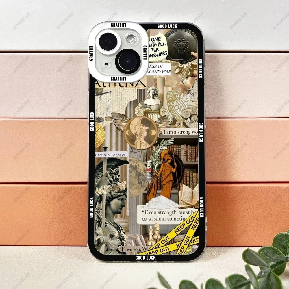 Color: Gold, Material: CANVAS - Aesthetic Statue Art Phone Case For iPhone 16 15 14 13 12 11 Pro Max XS X XR Plus Mini Luxury Transparent Soft Funda