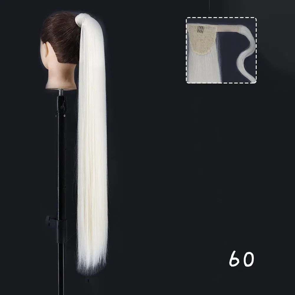 Color: P4/27, Stretched Length: 22inches - AZQUEEN Straight Synthetic Hairpiece With Ponytail 85cm Super Long Wrap Around Clip In Hair Extensions Pony Tail For Daily Wear