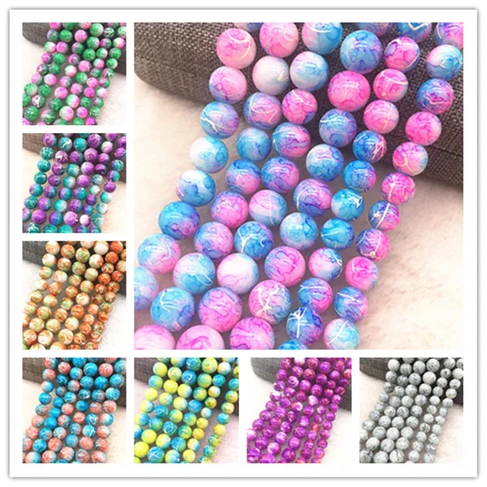 Color: Light Pink, Item Diameter: 7mm - Wholesale 4/6/8/10mm Glass Beads Round Loose Spacer Beads Pattern For Jewelry Making DIY Bracelet Necklace