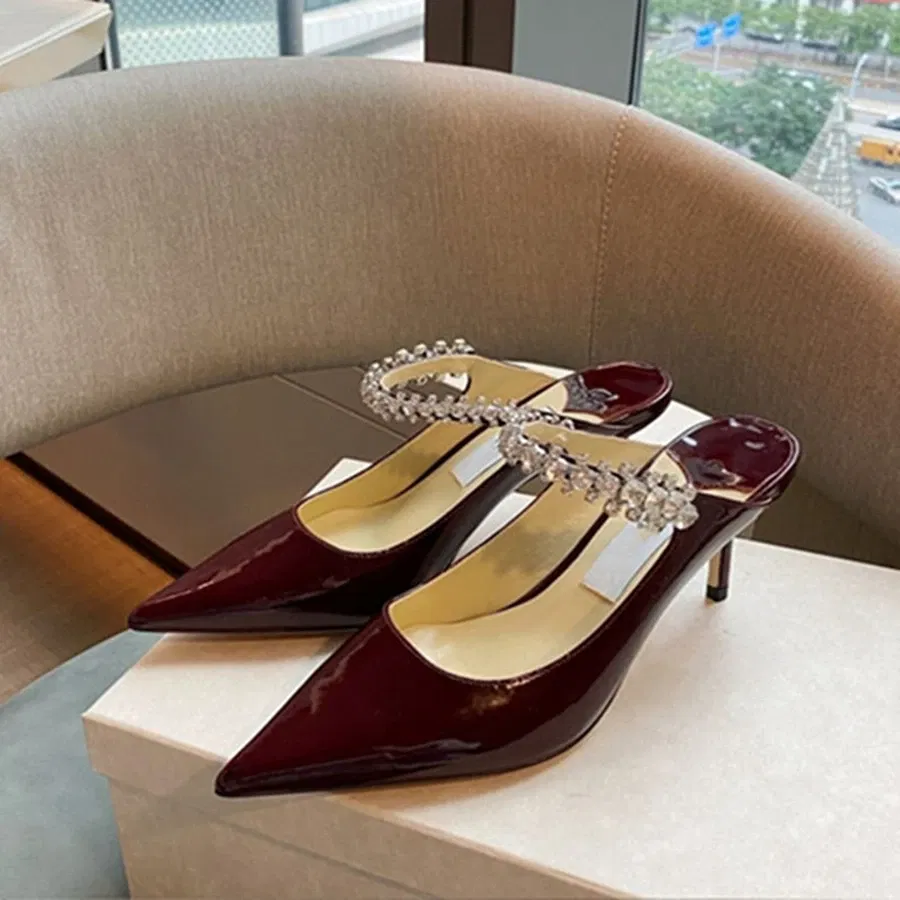 Color: wine red, Shoe Size: 35, Ships From: CHINA - Elegant Leather Mules Pointed Toe Stylish Rhinestone Embellished High Heel Sandals Sophisticated Party Evening Shoes Footwear