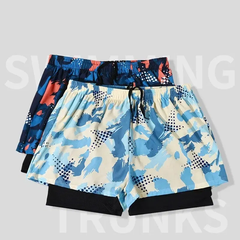 Size: 4XL, Color: Orange - Summer Men's New Quick-drying Double-layer Anti-embarrassment Loose Printed Adult Professional Swimming Trunks