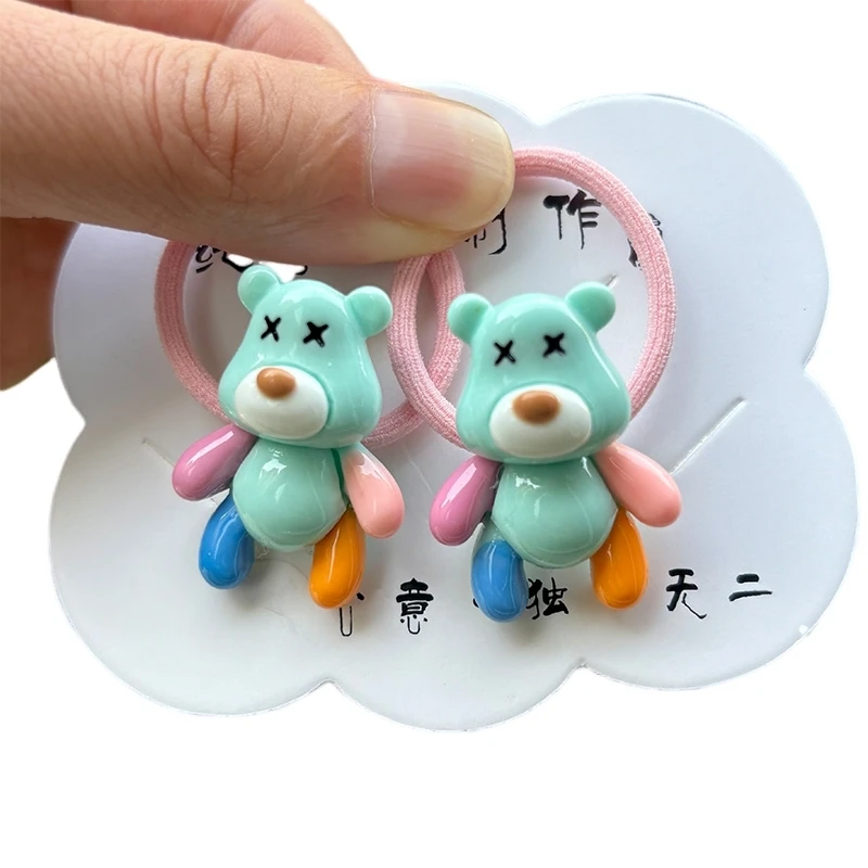 Color: Pink - 2PCS New Red Cartoon Lovely Cream Bear Girls Kids Elastic Hair Bands Princess Hair Accessories Children Hair Ties Baby Headwear
