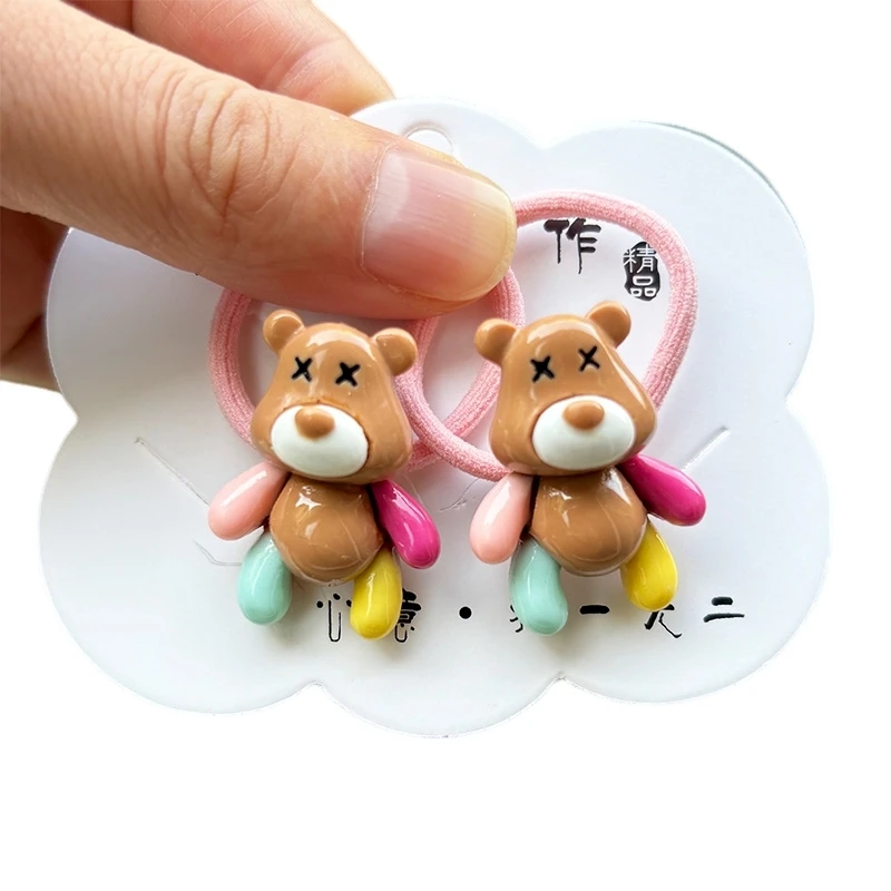 Color: Pink - 2PCS New Red Cartoon Lovely Cream Bear Girls Kids Elastic Hair Bands Princess Hair Accessories Children Hair Ties Baby Headwear