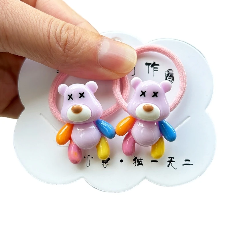 Color: Pink - 2PCS New Red Cartoon Lovely Cream Bear Girls Kids Elastic Hair Bands Princess Hair Accessories Children Hair Ties Baby Headwear