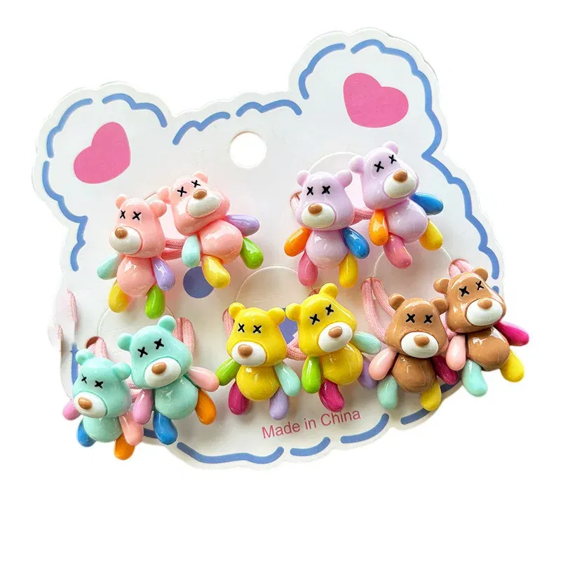 Color: Pink - 2PCS New Red Cartoon Lovely Cream Bear Girls Kids Elastic Hair Bands Princess Hair Accessories Children Hair Ties Baby Headwear