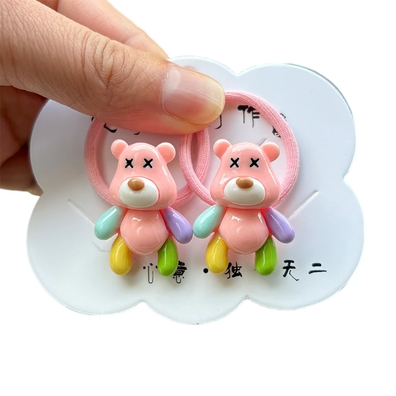 Color: Pink - 2PCS New Red Cartoon Lovely Cream Bear Girls Kids Elastic Hair Bands Princess Hair Accessories Children Hair Ties Baby Headwear