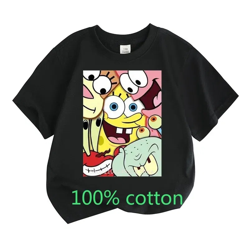 Color: GRAY, Kid Size: 3T - Mr. Krabs Squidward  Sandy Spongebob T-shirt 100%Cotton  Children Round Neck Short-sleeved Boys Girls  Fashion Kids Clothes
