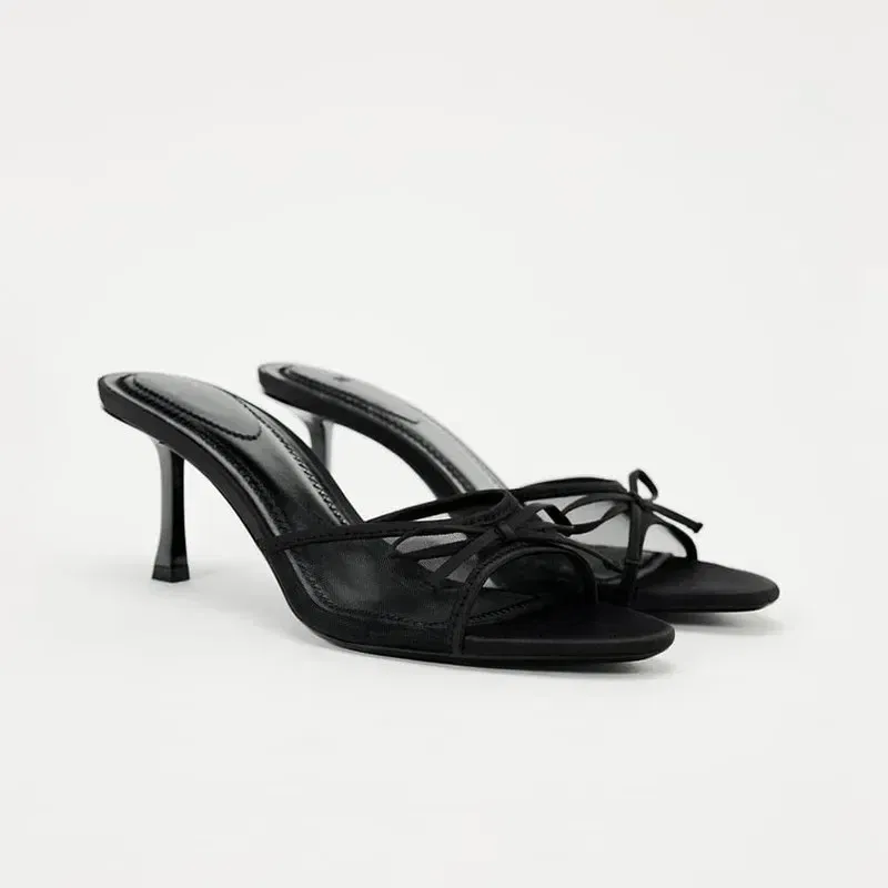 Color: black, Shoe Size: 36 - Slippers for women wearing exquisite summer haute couture with fine straps, French style black cat heel clip toe beach sandals