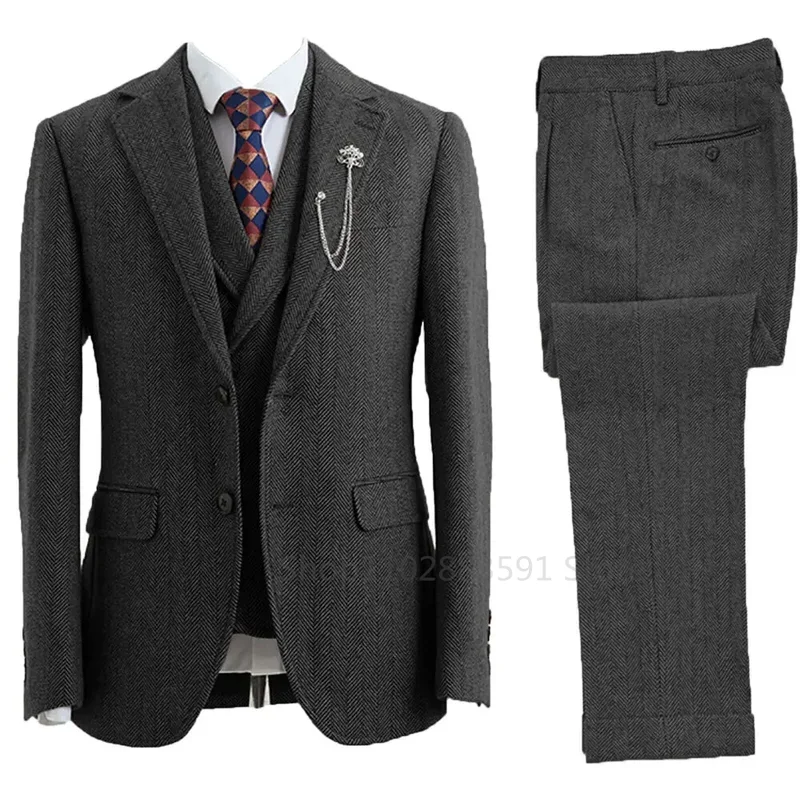 Color: Dark Grey, Size: 5XL - 3 Piece Men Suit Tweed Herringbone Double-Breasted Wedding Tuxedos Size Men Clothing Casual Style Men's Fashion Costume Homme