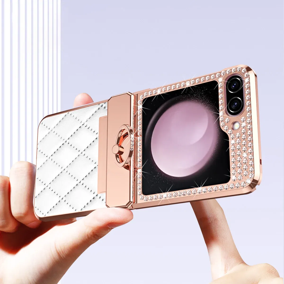 Color: Beige, Material: Aluminum - Diamonds Leather Plating Ring Holder Case For Samsung Galaxy Z Flip 5 4 3 5G Shockproof Hinge Protection Cover For Z Flip5