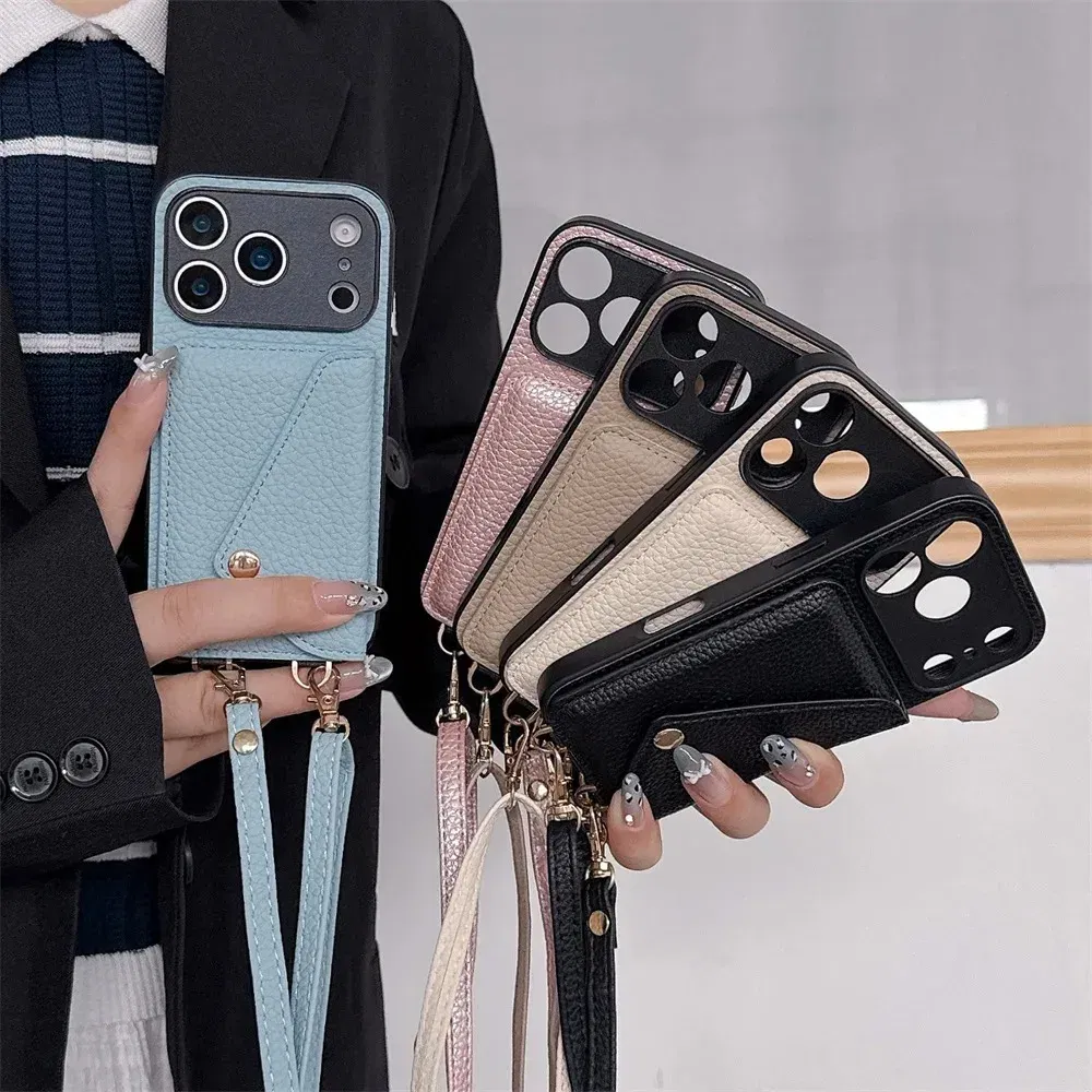 Material: PC, Color: Brown - Crossbody wallet card holder phone case For iPhone 17Air 16, 15, 14, 13, 12, 11 Pro Max, XR with lanyard protective cover