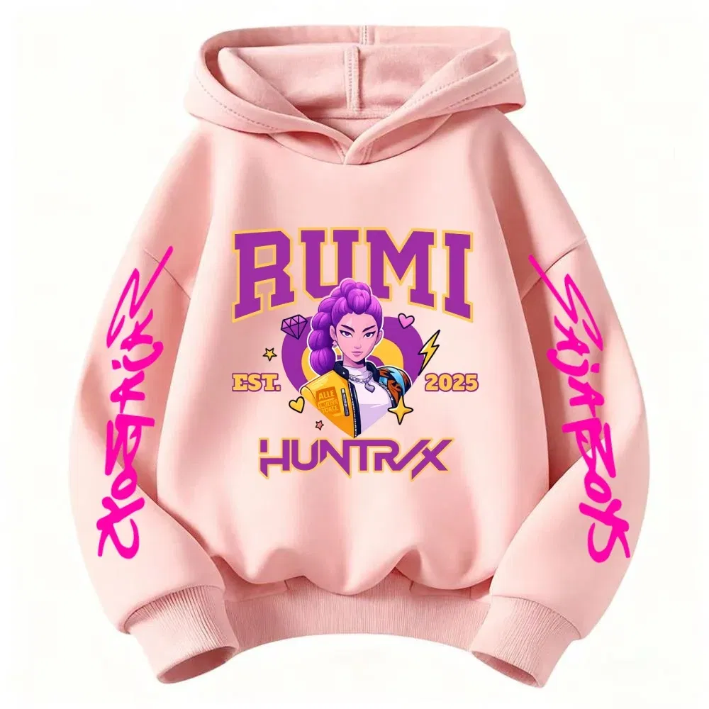 Color: Pink, Kid Size: 5 - 2025 KPop Devil Hunter Cartoon Girl Boy Hooded Sweatshirt Kawaii Children's Korean Wave Casual Fashion Top