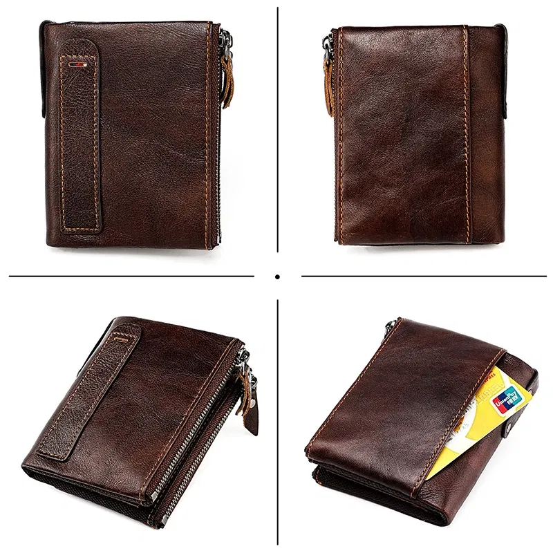 Color: black - Genuine Leather Short Men RFID Wallets Name Engraving Leather Card Holder Brand Men Purse Retro Coin Pocket Zipper Male Wallet