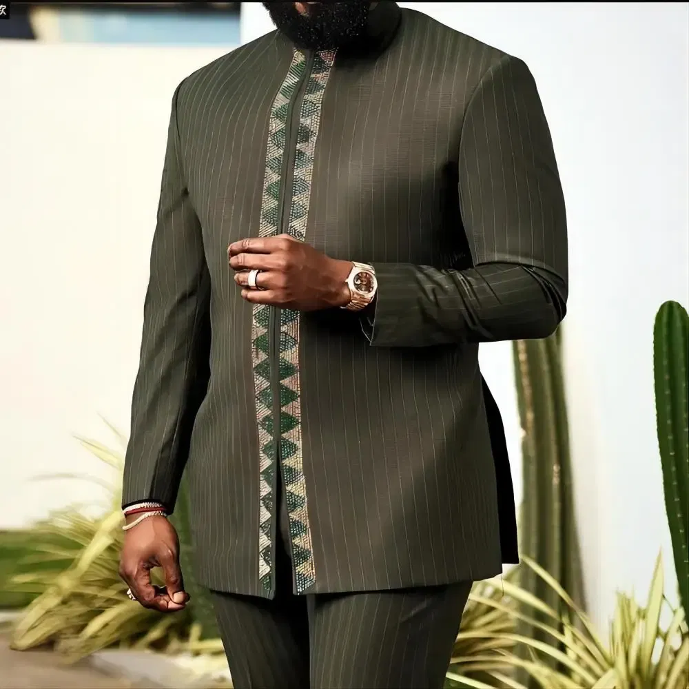 Color: Ivory, Size: 4XL - New Dashiki Men's Set Grey Round Neck Long Sleeve Luxury Brand Men's Suit Casual Slim Fit Men's Set Wedding Evening Suit