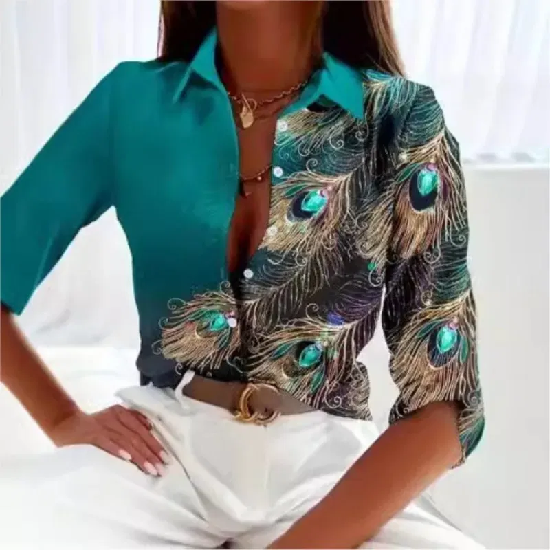 Color: Brown, Size: M - Fashionable Ladies Trendy Long Sleeved Shirt With Feather Gemstone Print Buttons Lapel Shirt Sleeves Autumn Elegant Ladies Shirt