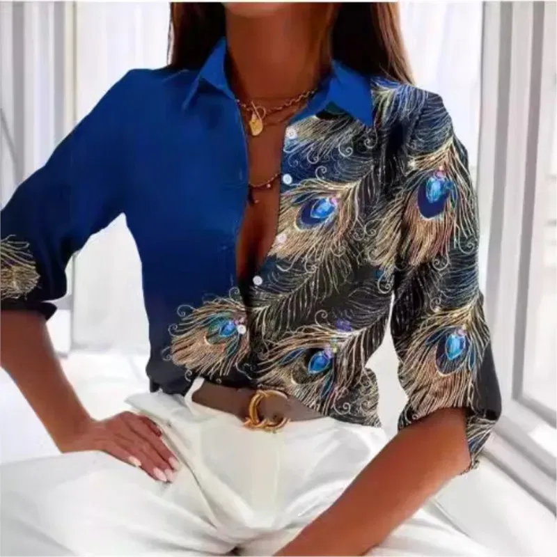 Color: Brown, Size: M - Fashionable Ladies Trendy Long Sleeved Shirt With Feather Gemstone Print Buttons Lapel Shirt Sleeves Autumn Elegant Ladies Shirt