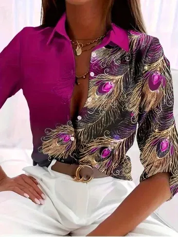 Color: Brown, Size: M - Fashionable Ladies Trendy Long Sleeved Shirt With Feather Gemstone Print Buttons Lapel Shirt Sleeves Autumn Elegant Ladies Shirt