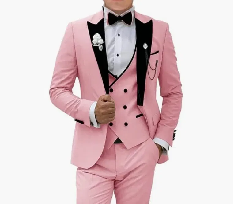 Color: Beige, Size: M - Pink Prom Suit for Men  3 Piece Jacket Vest Pants Set   Peaked Lapel Blazer   Outfit Costume Birthday Party