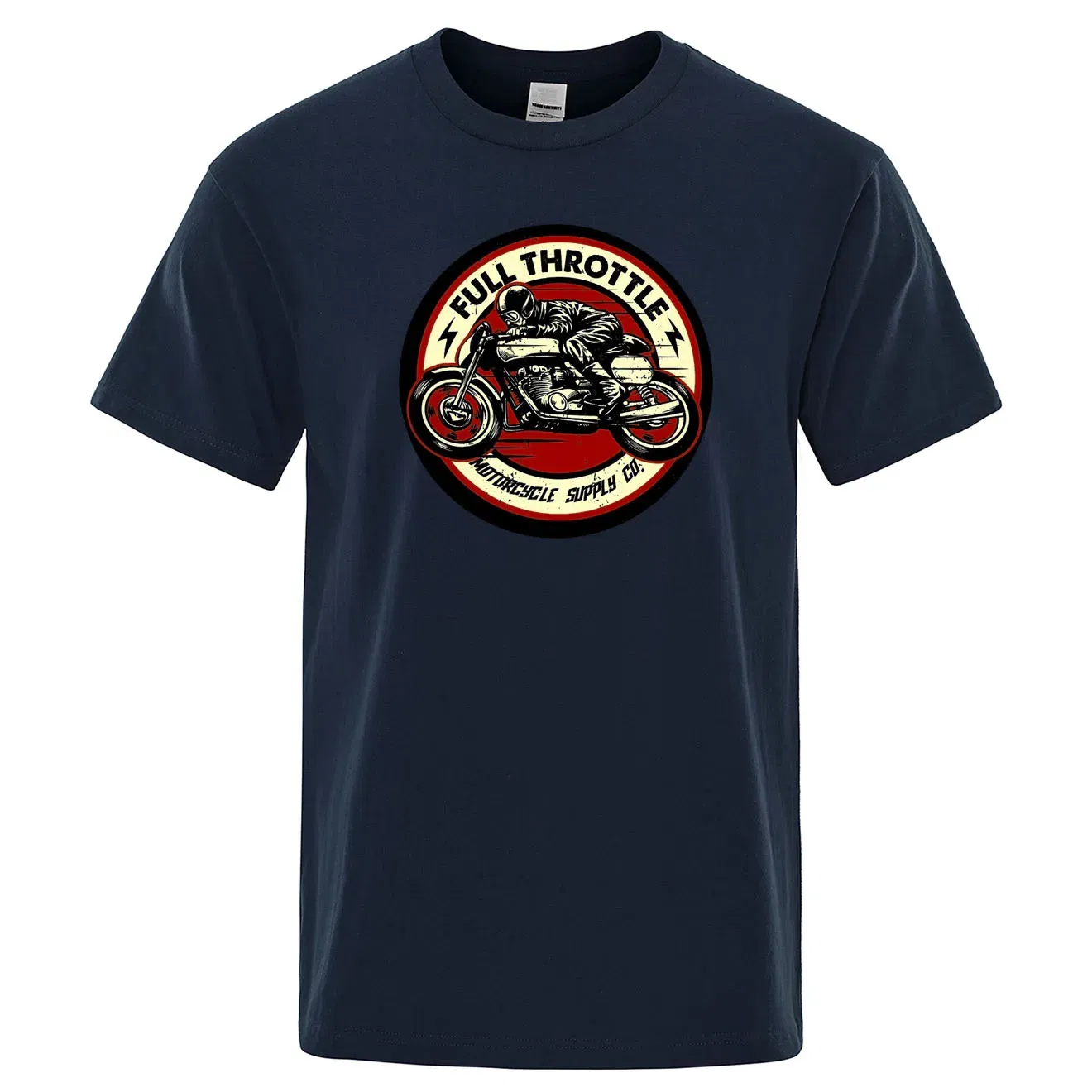 Color: Navy Blue, Size: M - Full Throttle Cafe Racer Rockabilly Biker Printed T-Shirt Men Fashion Casual Short Sleeve Loose Cotton Tshirt Summer Loose Tees