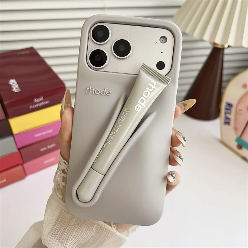 Material: Wood, Color: GRAY, Bundle: Bundle1 - With Lipstick Phone Case for iPhone 17 13 14 15 16 17 Pro Max Plus 12 17 Air Silicone Lip Gloss Holder Hot INS Soft Cover Funda