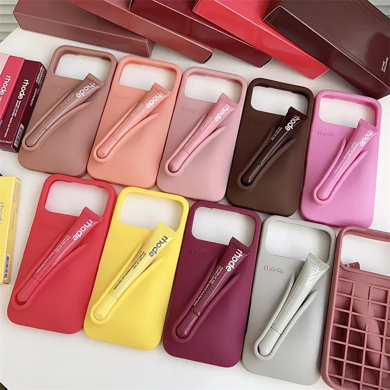 Material: Wood, Color: GRAY, Bundle: Bundle1 - With Lipstick Phone Case for iPhone 17 13 14 15 16 17 Pro Max Plus 12 17 Air Silicone Lip Gloss Holder Hot INS Soft Cover Funda
