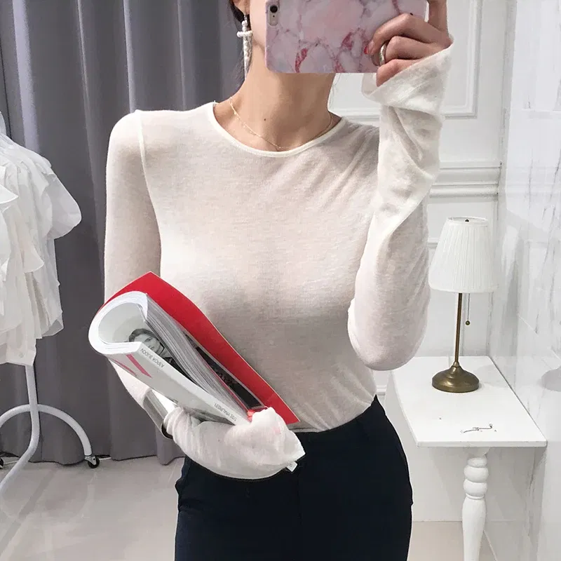 Color: black, Size: One Size - Shintimes Sexy Shirt Women T-Shirt Long Sleeve Korean Style Slim Basic Elasticity Tshirt Top Womens Clothing T Shirt Femme