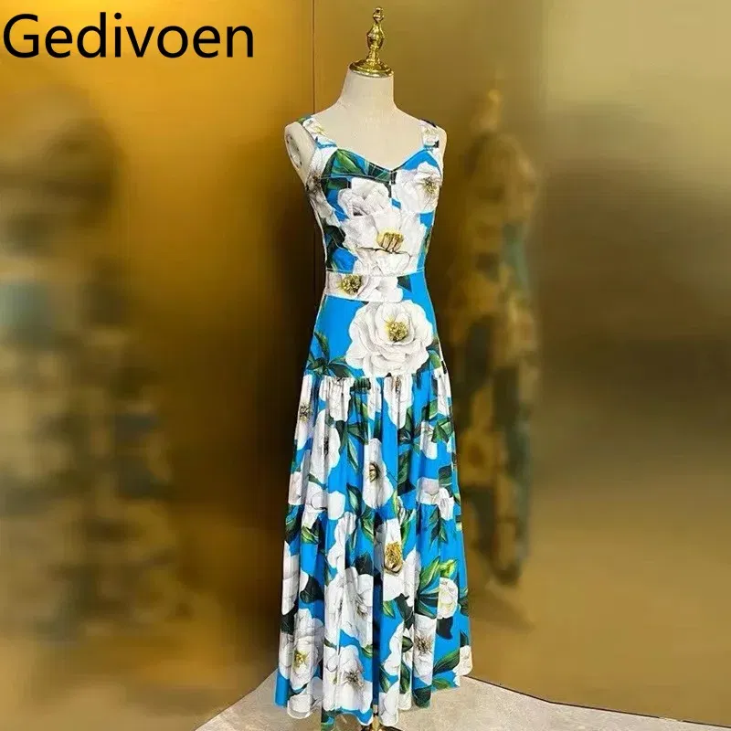 Color: SKY BLUE, Size: L, Ships From: CN - Gedivoen New Style Casual Women's Suit Sweetheart Neck Spaghetti Strap Backless Top+Fashion Half skirt Cotton Print 2-piece set