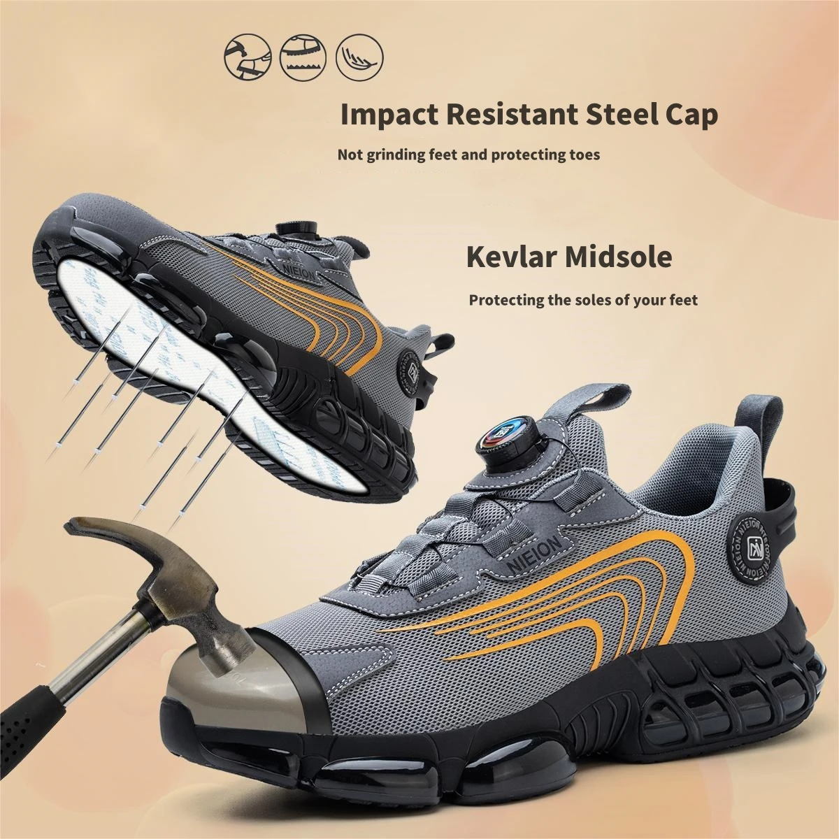 Size: 43, Color: GRAY - Rotary Buckle Work Sneakers Protective Shoes Safety Industrial Puncture-Proof Anti-smash Steel Toe Shoes