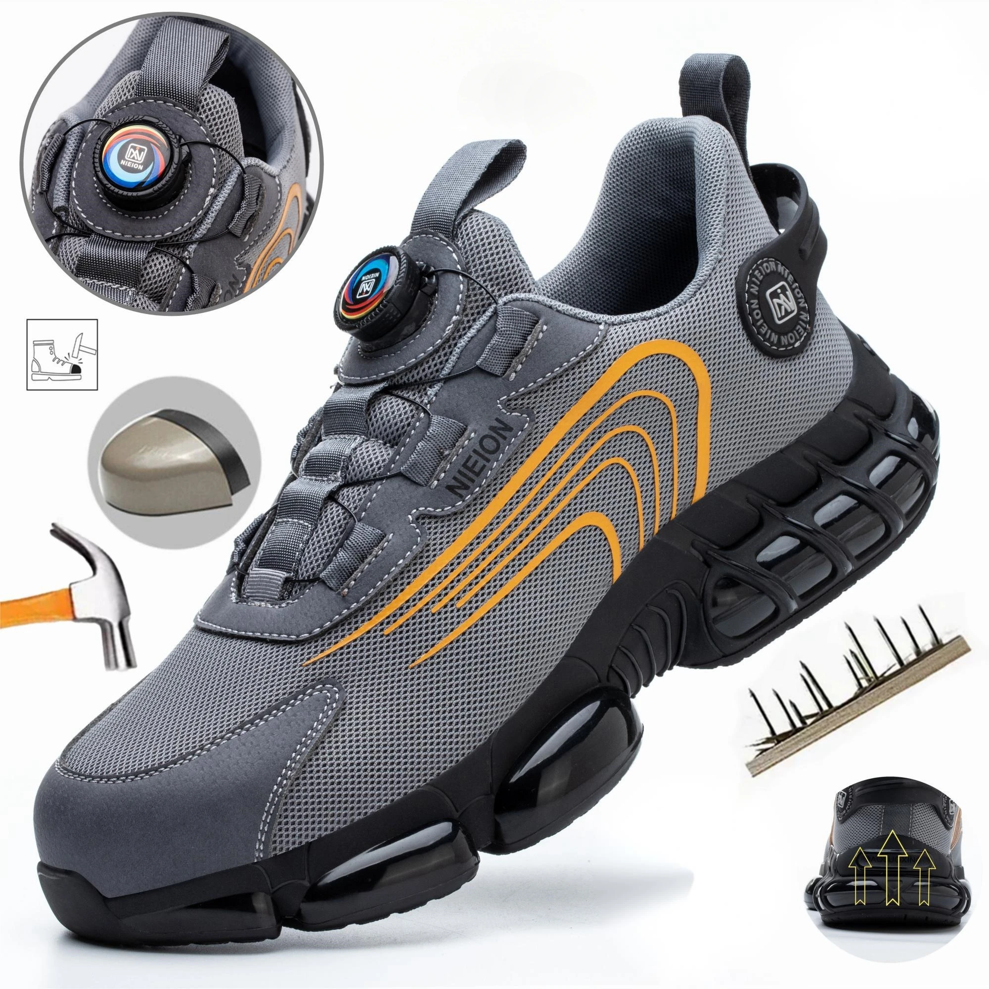 Size: 43, Color: GRAY - Rotary Buckle Work Sneakers Protective Shoes Safety Industrial Puncture-Proof Anti-smash Steel Toe Shoes