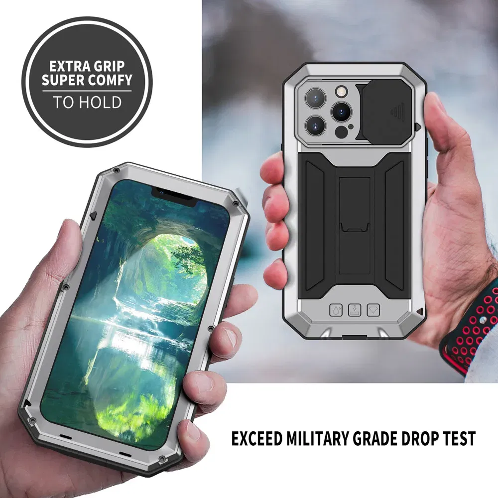 Color: Yellow, Material: Polyester - Heavy Duty Metal Aluminum Case For iPhone 14 13 15 Pro Max Military Grade Shockproof Bumpers Armor Kickstand Camera Slider Cases